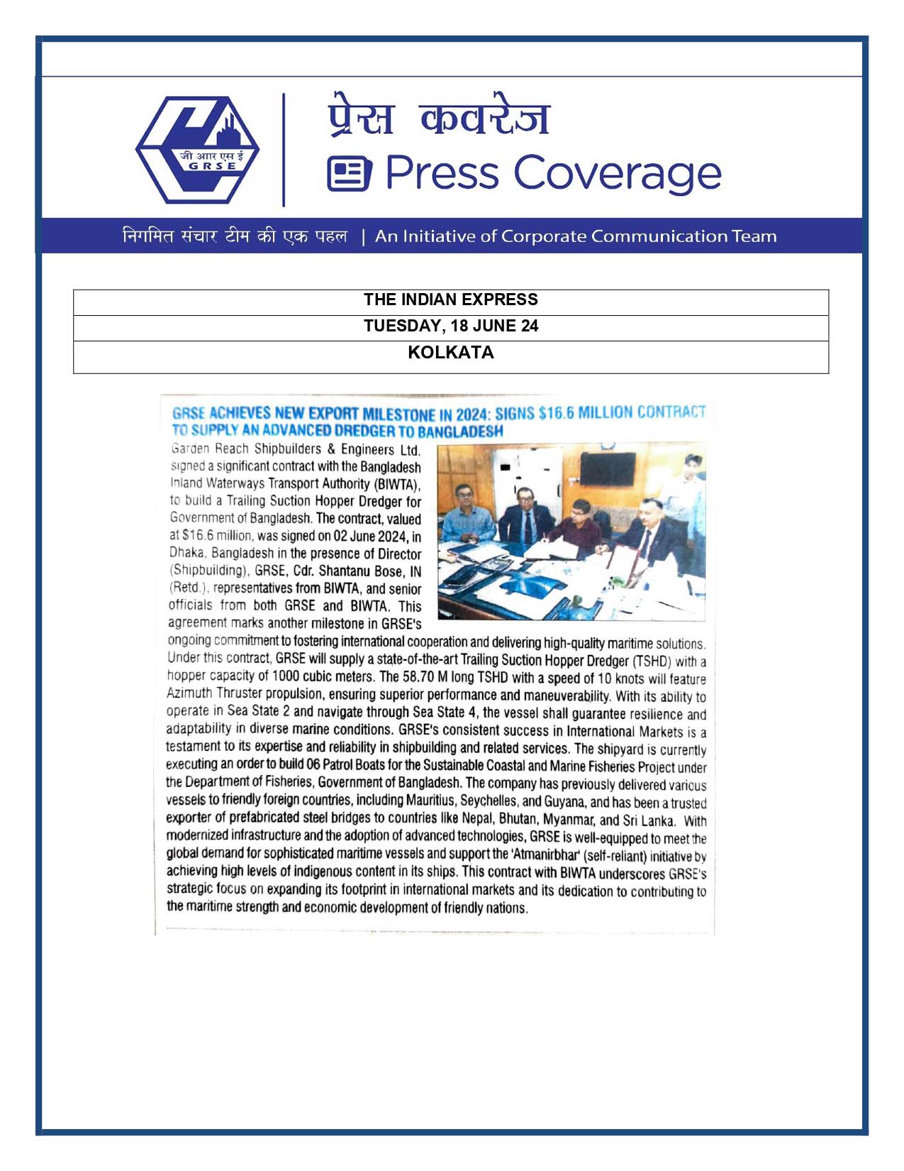 Press Coverage : The Indian Express, 18 Jun 24 : GRSE achieves new export milestone in 2024 - Signs USD 16.6m contract to supply an advanced dredger to Bangladesh